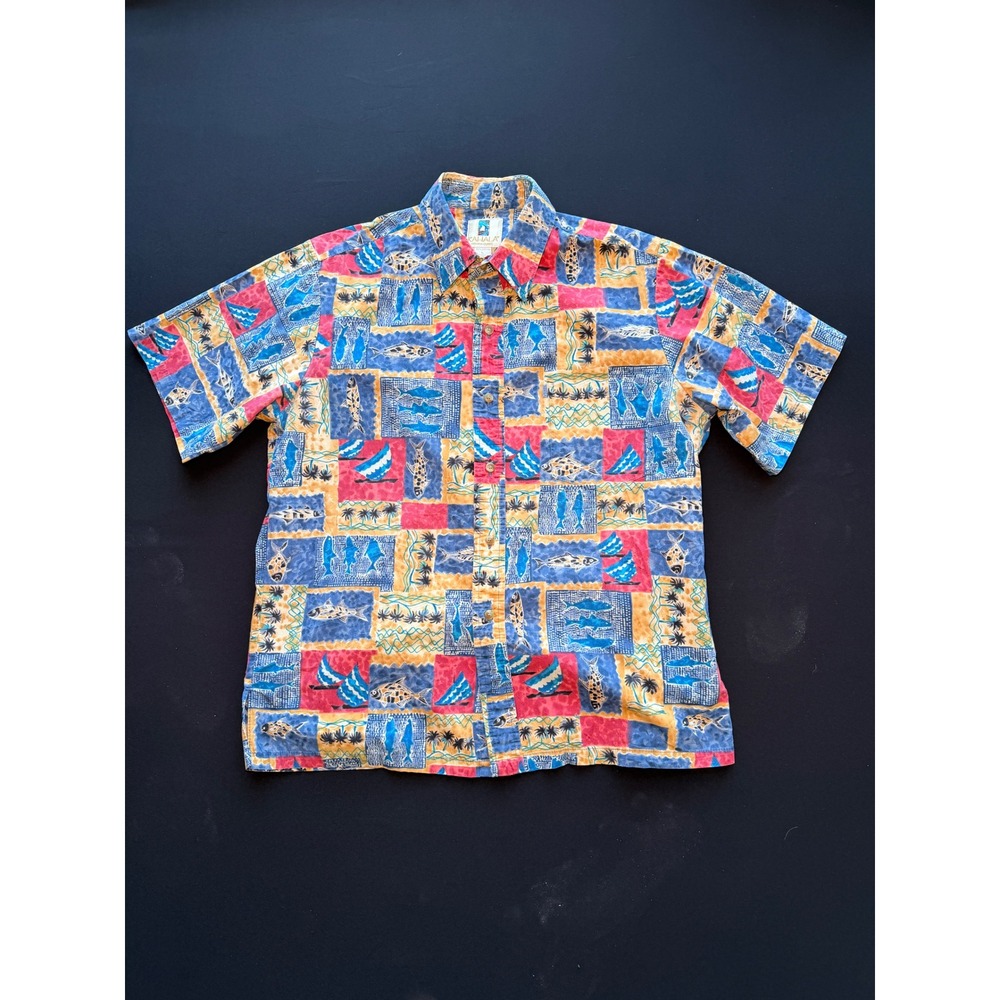 VTG Kahala Hawaiian Shirt Men Large Tribal Fish Sailboat Colorful Aloha Tropical
